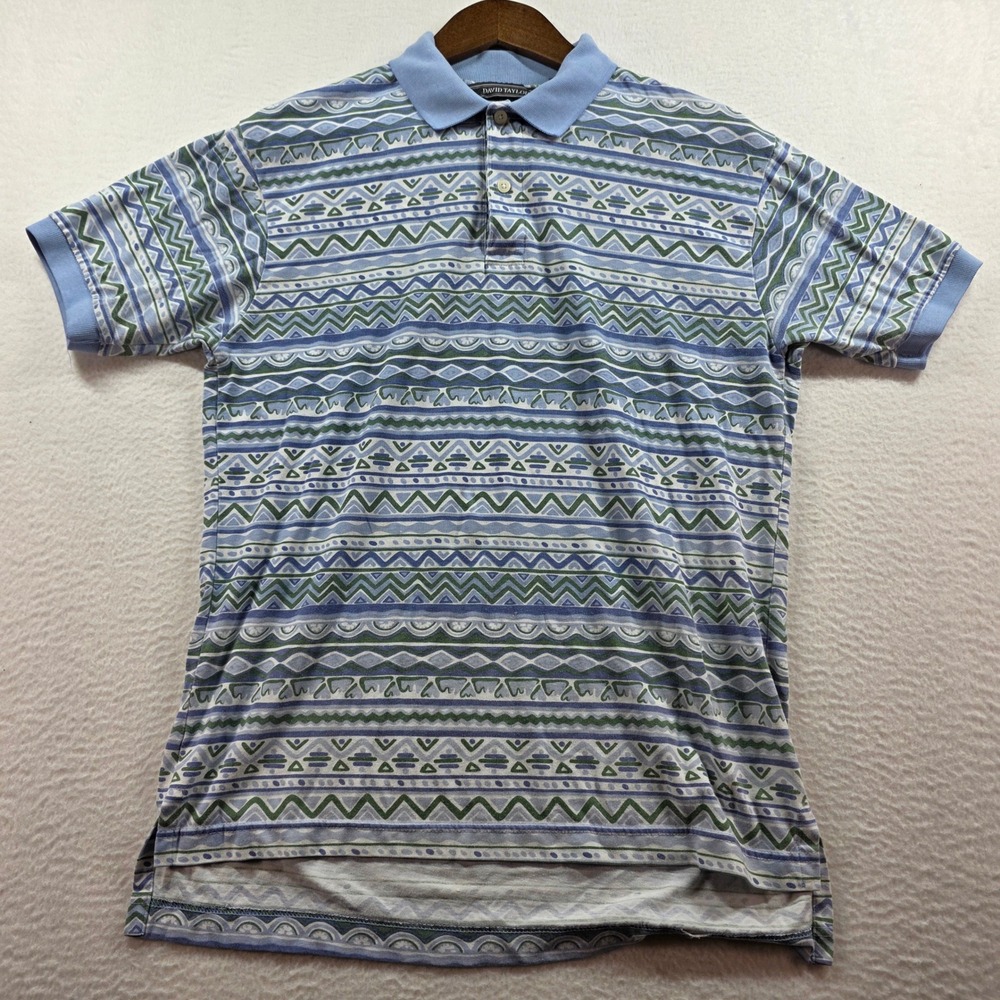 David Taylor Mens Medium Blue Green Geometric Tribal Print Vintage Polo‎ Shirt